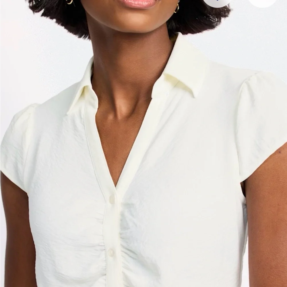 Off White Cap Sleeve Ruched Button-Front Blouse - Picture 3 of 5